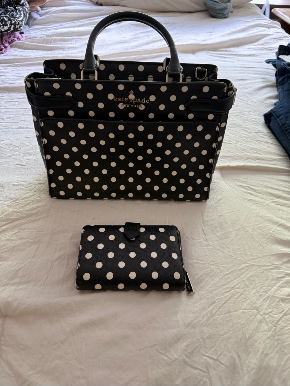 kate spade Black and White Polka Dot Satchel with Matching Wallet